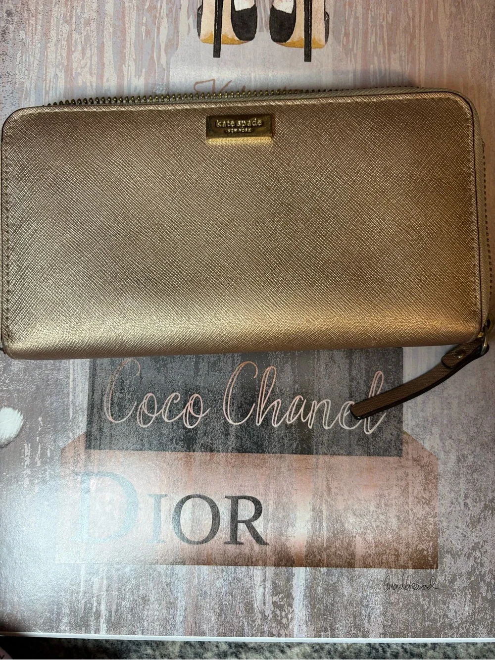 kate spade Metallic Rose Gold Zip Around Wallet with Wristlet